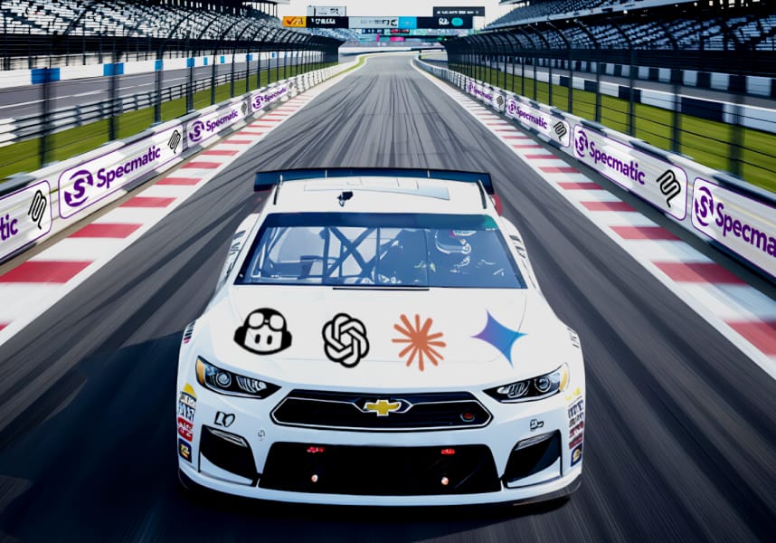 Racing car on track with multiple logos.